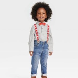 Cat & Jack Boys Heart Suspender Gray Valentines Shirt/Jeans Outfit 4T NWT